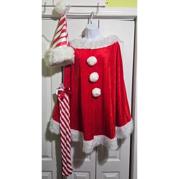 Christmas Red Poncho Candy Cane Stripe Thigh High Stockings Spencer's Santa Hat - Picture 1 of 7